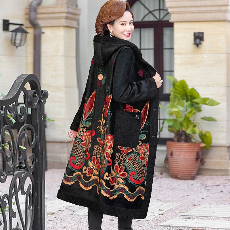 Gabardina larga con capucha para mujer, chaqueta gruesa de felpa aterciopelada con bordado de flores, estilo retro, otoño e invierno,