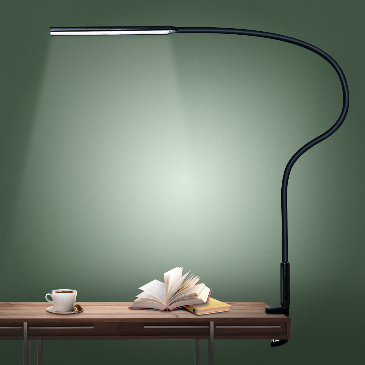 Lampada da scrivania a LED Braccio oscillante alimentato tramite USB Morsetto flessibile a collo di cigno Luce da architetto dimmerabile con 3 modalità colore per leggere e lavorare: Black