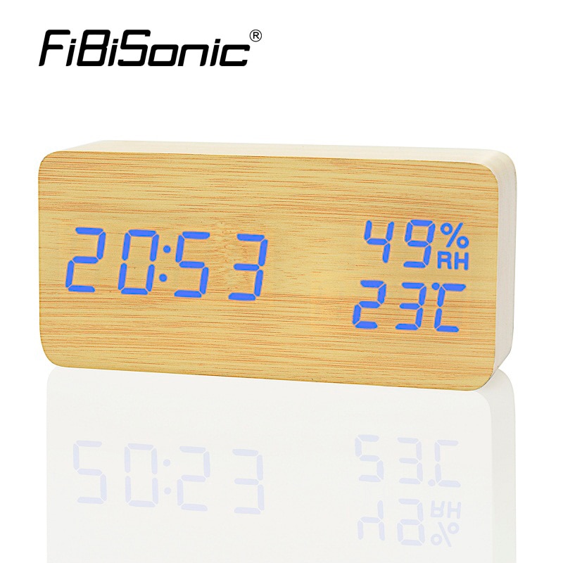 FiBiSonic Modern Simple LED Alarm Clock Temperature Humidity Show Clock Desktop Electronic Sound Control Digital Clocks Table De