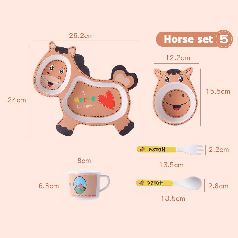 Bambus fiber bordservice til børn tegneserie madretter skål drikkekop med ske gaffel service baby 5 stk/parti: Pony