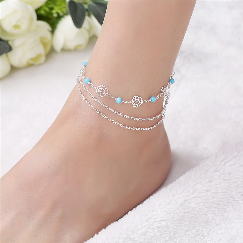 European Woman Girl Party Birthday Wedding Flower 925 Sterling Silver Chain Anklet Bracelet 1B095