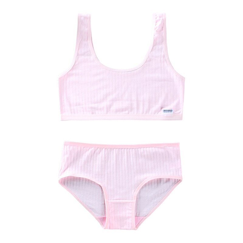 Kids Tieners Meisjes 2Pcs Sport Ondergoed Set Geribbelde Effen Kleur Letters Label Brede Band Training Beha En Hipster Slipje: Pink