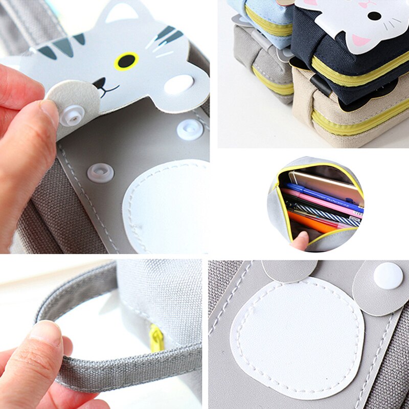 Kawaii katte penalhus elev brevpapir blyanter taske sød lærred kuglepen opbevaringsboks børn skoleartikler