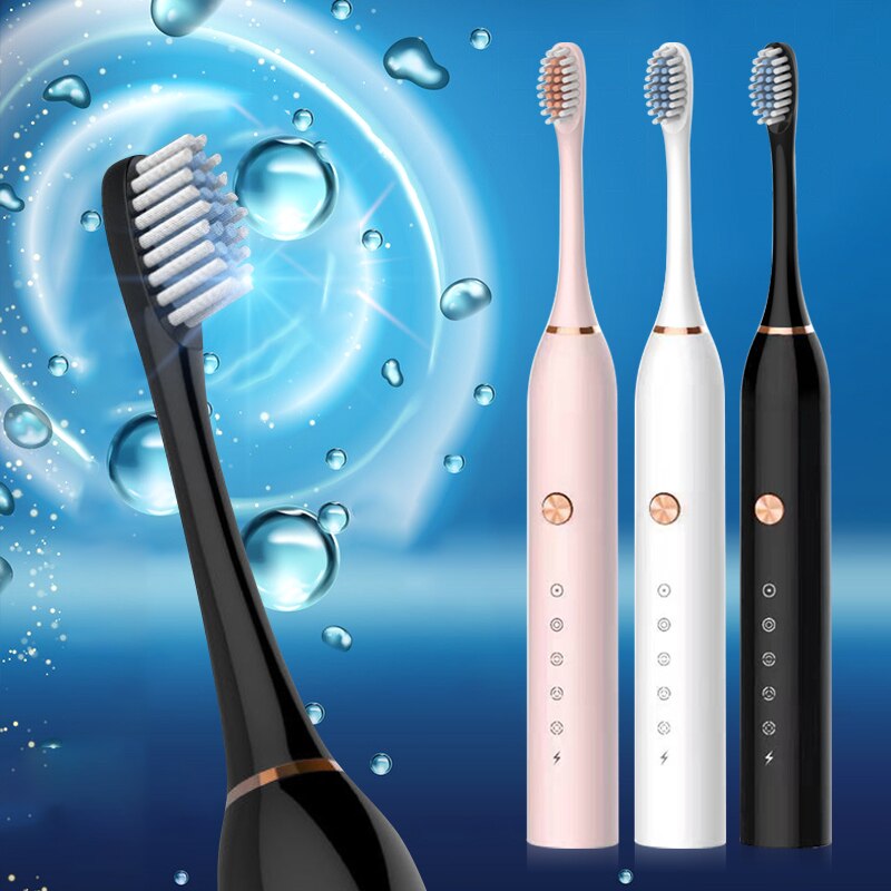 Battery Powered Sonic Electric Toothbrush With 2*Replacement Brushheads Soft Bristle 5 Modes IP65 Waterproof Adult Household