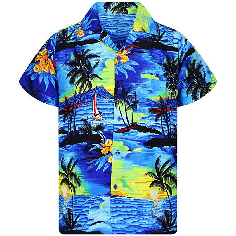 Men's Casual Button Hawaii Print Beach Short Sleeve Quick Dry Top Blouse Surf beach t-shirt &4JJ01