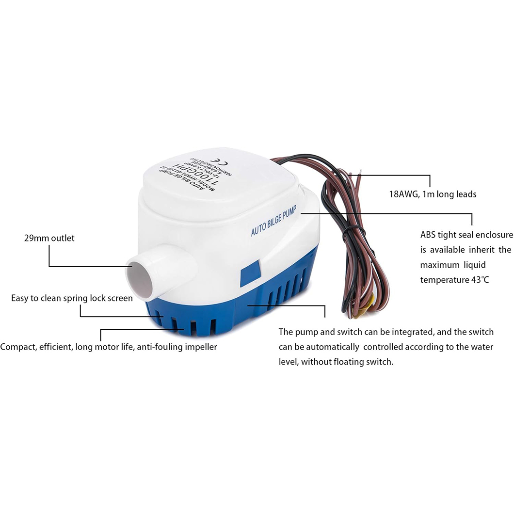 Boat Automatic Submersible Bilge Pump 12V 24V Volt DC Electric Marine Water Pump Small Auto 6500GPH 750GPH 1100GPH With Switch
