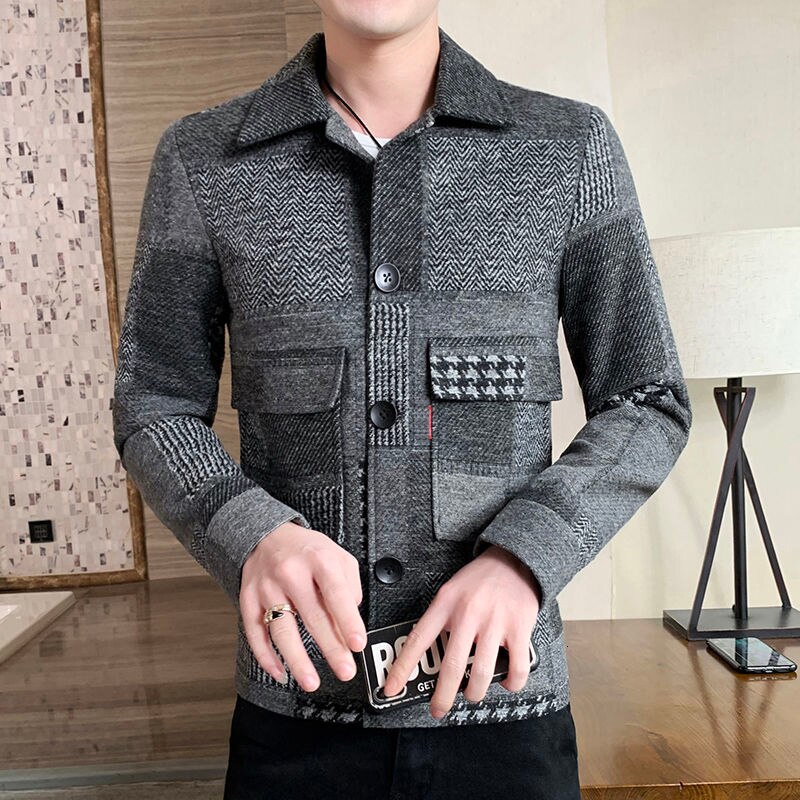 Varma långärmad rutig herrfickor kappa jacka koreansk casual herrjacka slim fit jacka: Grå / L