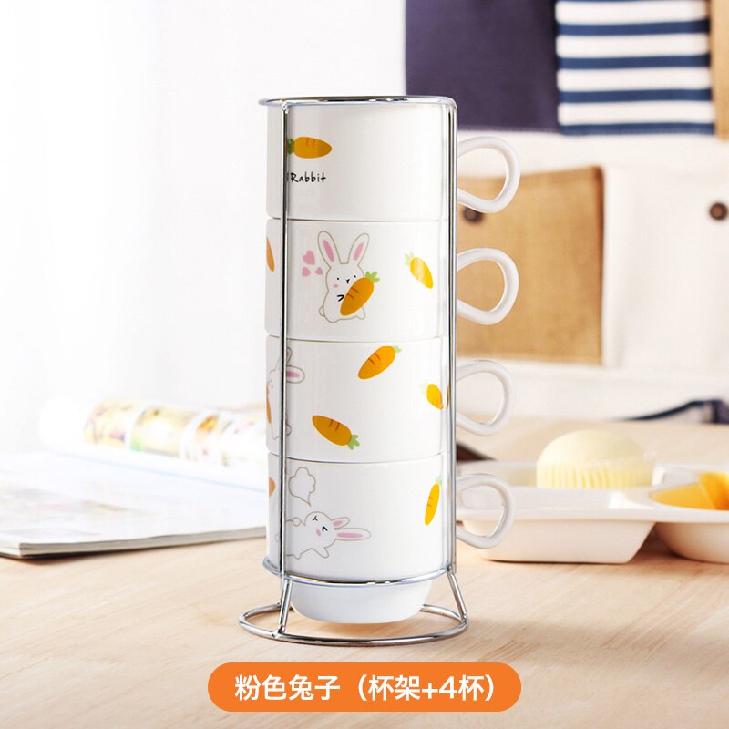 Ceramic Coffee Mug Stacking Cup Teacup Home Set Ceramic Cup Fun (4 Cups + 1 Cup Holder): A