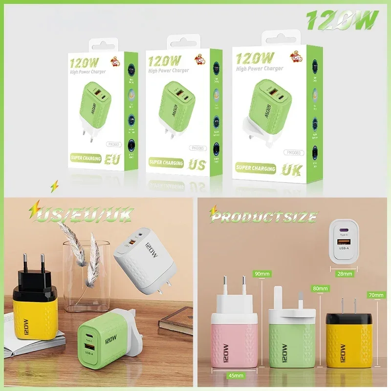 120W Charger Fast Quick Charging PD QC 3.0 USB Type C Charger Fast Charging EU/US/UK Plug Adapter For iphone 15 Samusng S23