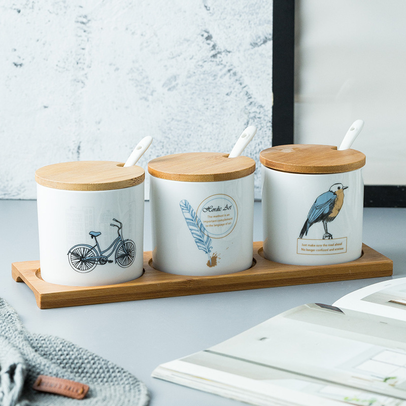 Japanese Household Ceramic Spice Jar Three-piece Set Seasoning Jar Kitchen Salt and Pepper Storage Bottle