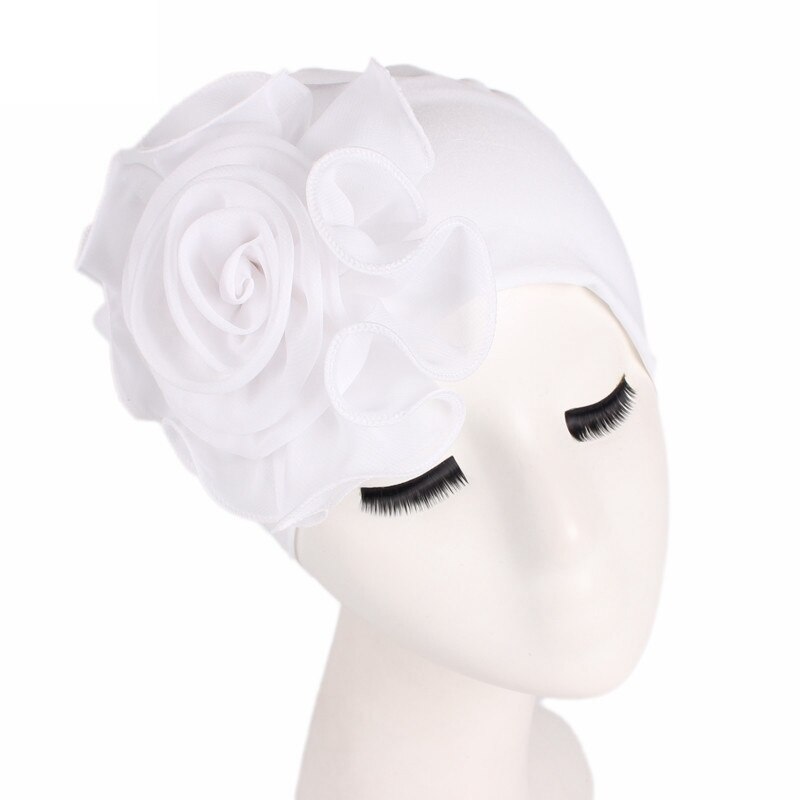 Turbante elástico de flor grande para mujer, gorro de la India, gorros para el pelo, gorro para el pelo para dormir, accesorios de estilismo de belleza: Blanco