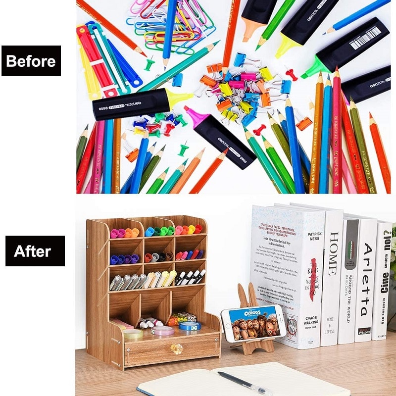 Træblyantholder til børn stor kapacitet penholder kontorpapir pen til gør-det-selv opbevaring makeup organizer med skuffe