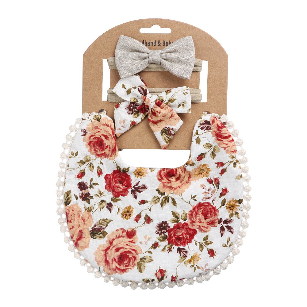 Baby Slabbetjes + Baby Hoofdbanden Set Katoen Bloemenprint Kant Burp Doeken Voor Baby Baby Spullen Pasgeborenen Baby Accessoires: DP021-4