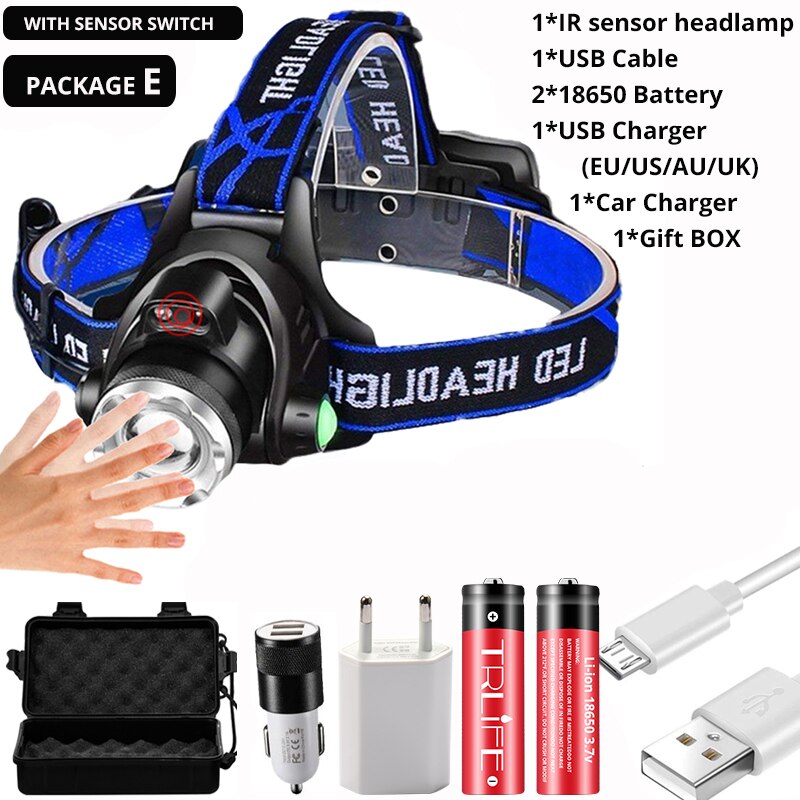 7000LM más potente Sensor IR linterna frontal T6/L2/V6 linterna USB recargable de pesca Zoom linterna impermeable: Package E / T6-Bright