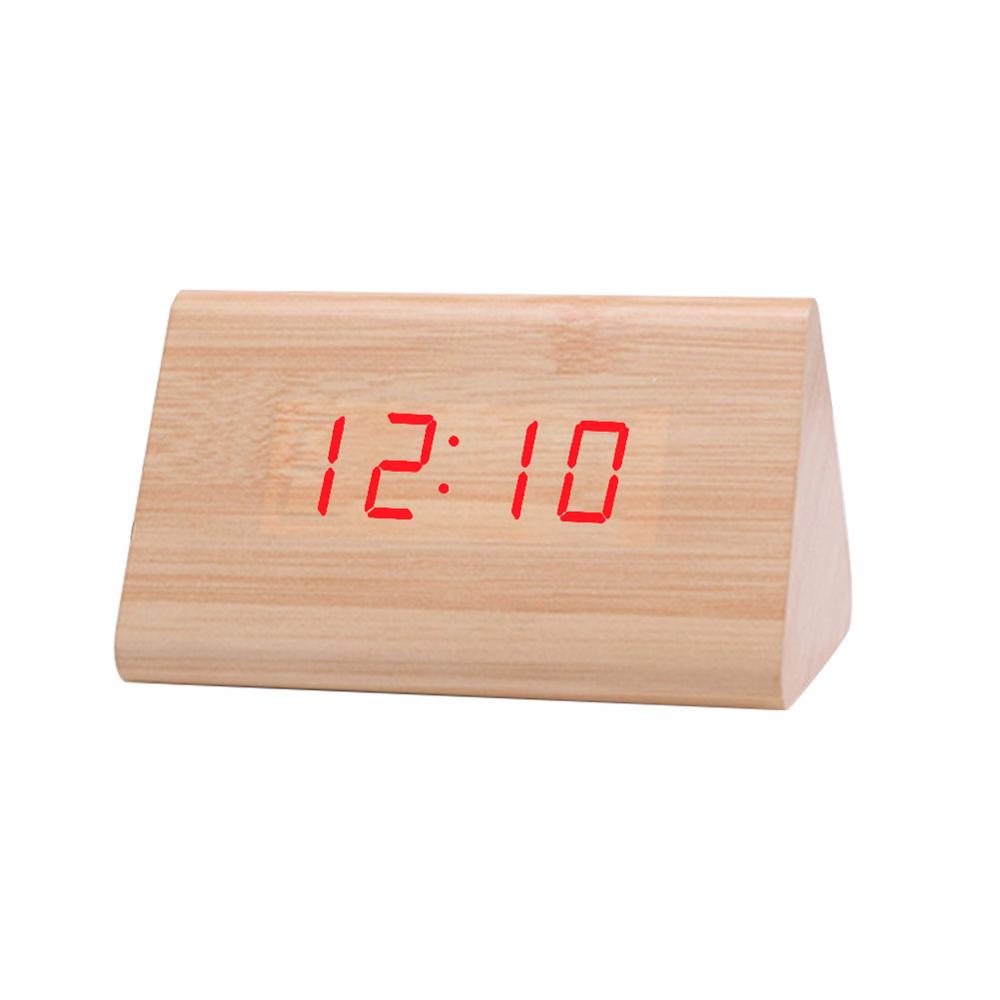 Digital Wooden USB LED Night Light Alarm Clock Thermometer Display Timepiece: Bamboo Red