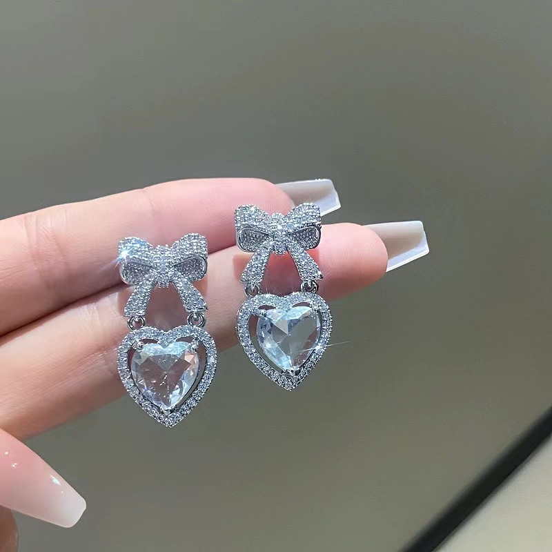Korean Pink Pendant Earrings Princess Full Rhinestone Bow Love Heart Earrings Women's Wedding Aesthetic Jewelry: Light Yellow Gold Color