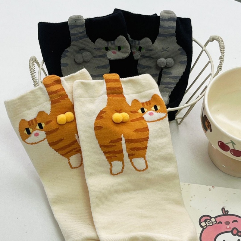 Ins Cat Egg Katoenen Sokken Paar Sokken Kat Ballen Kawaii Hand Breien Sokken Cartoon Gember Kat Tabby Creatief Cadeau