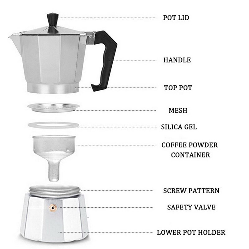 Mocha espresso percolator pot koffiezetapparaat aluminium koffiezetapparaat mokka pot fornuis koffiezetapparaat