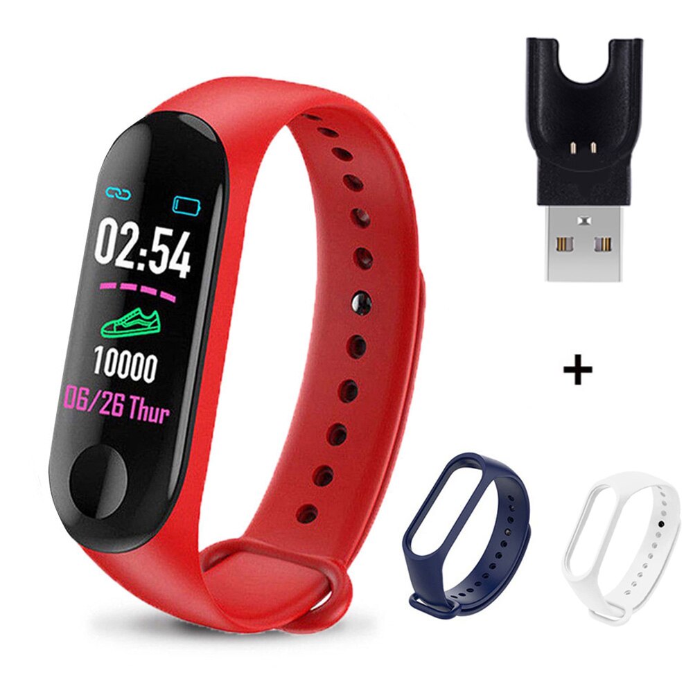 M3 Plus Smart Band Bluetooth Smart Watch Fitness Tracker Smart Bracelet Health Sleep Blood Pressure Heart Rate Monitor Wristband: Red Blue White