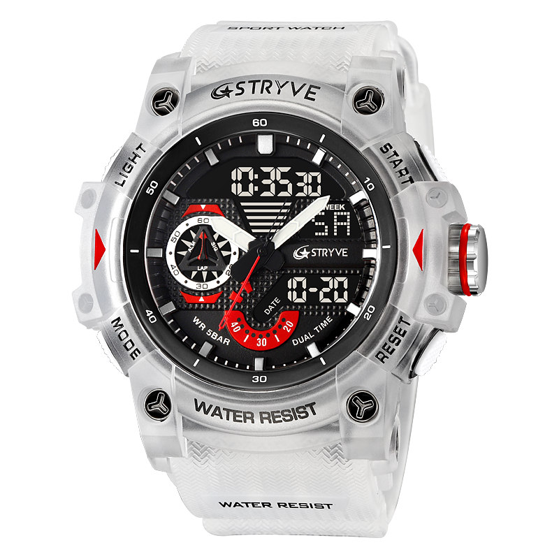STRYVE Sports Dual Display Watch For Men LED Digital Quartz Waterproof Watches Men's Stopwatches Clock Youth Wristwatches 8029: WHITE