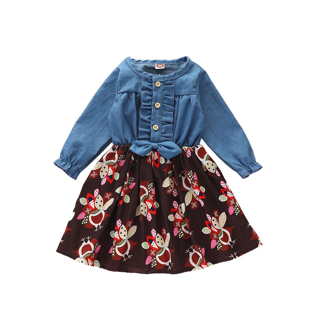 Peuter Kids Baby Meisje Kleding Thanksgiving Kalkoen Cartoon Print Jurk Winter O Hals Prinses Jurk Lange Mouwen Denim Jurk: Coffee / 18-24 Months
