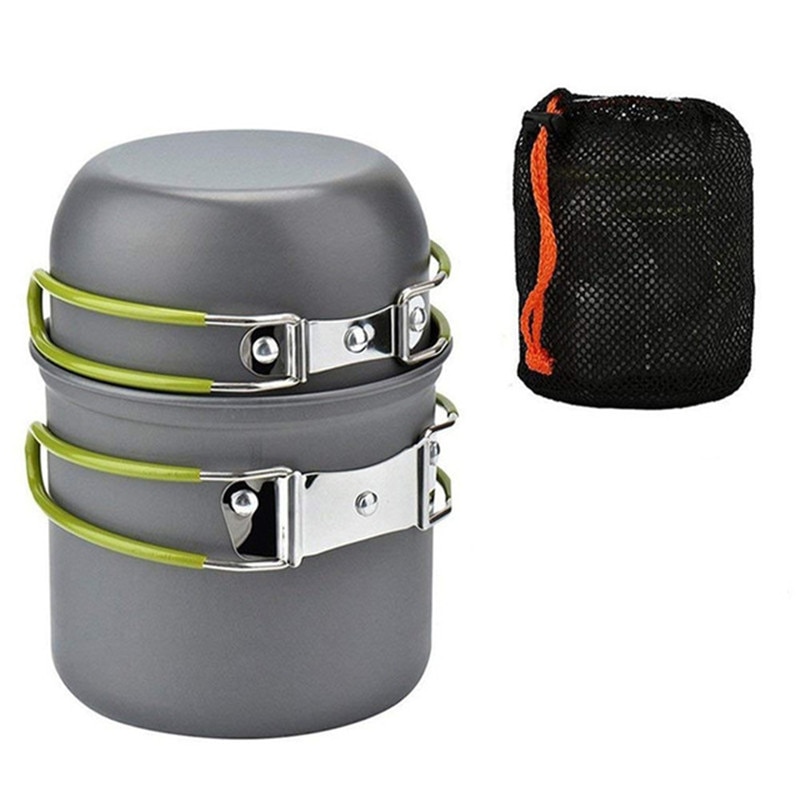 Camping Tableware Pot 1-2 Person Hiking Picnic Backpacking Pot Portable Tableware Cooking Travel Pot with Green Handle