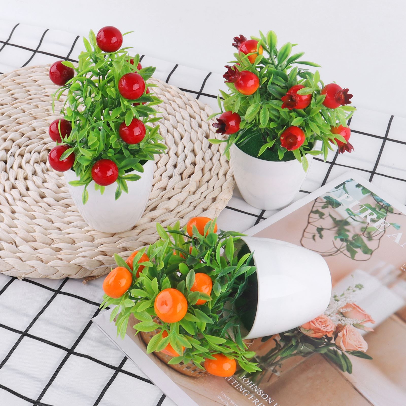 Kunstige planter bonsai appelsin granatæble frugt chili træ potte vindueskarm dekoration hjemme bord dekoration mini plast ornament