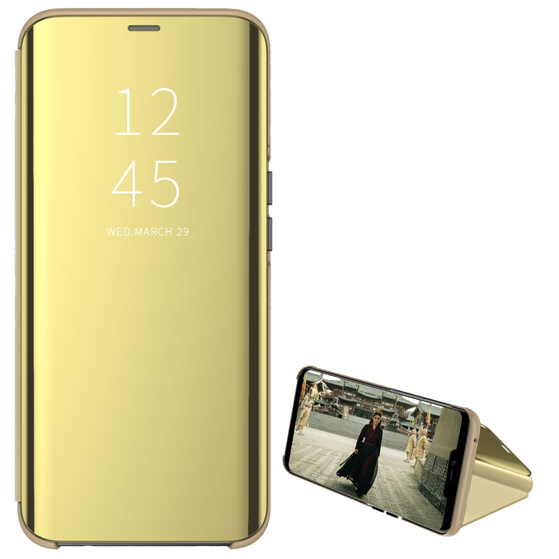 Para Samsung Galaxy Z Fold 2 funda de lujo con espejo de vista transparente funda de teléfono con soporte abatible de cuero para Samsung ZFold 2 SM-F916B contraportada: Oro