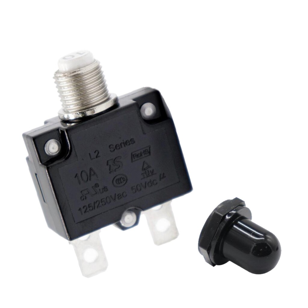 10 Amp Push Button Circuit Breaker 50V DC or 250V AC, Mounts in 3/8 inch (10 mm) Round Hole, Black Button Cap