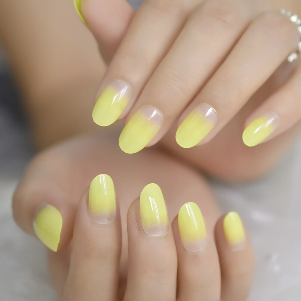Summer Neon False Nails Ombre Lemon Yellow Oval Short Gradient Press On Fingernails Kit 24 with Glue Sticker