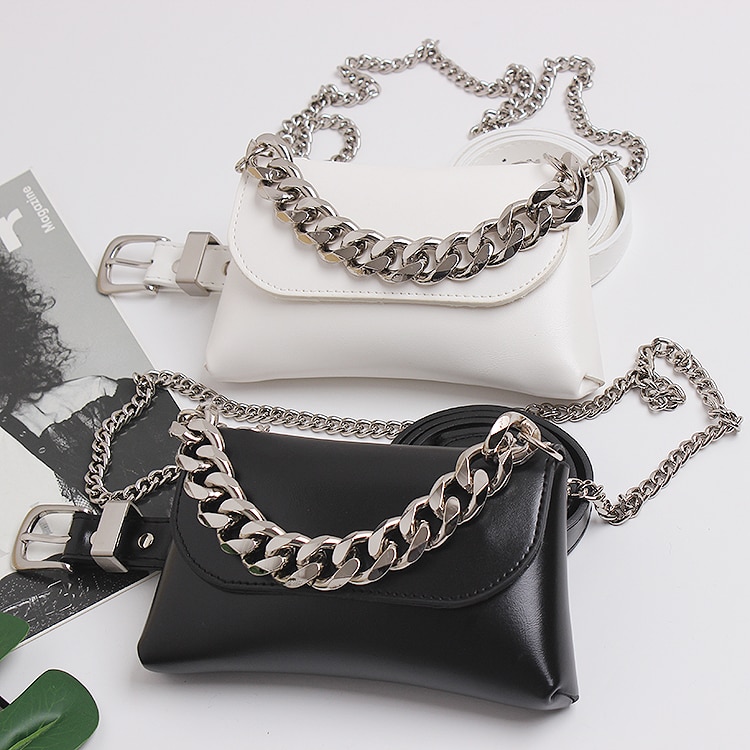 PU taille Packs femmes blanc cuir synthétique polyuréthane noir taille ceinture téléphone sac maquillage portefeuille Double large chaîne sac de messager