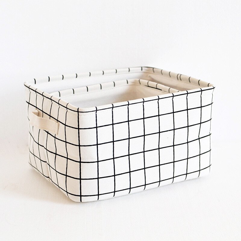 Fabric Storage Basket Clothes Checkered fabric Folding Storage Box Nursery Underwear Toy Organizer Laundry Basket With Handle: White grid / 22x21x15cm