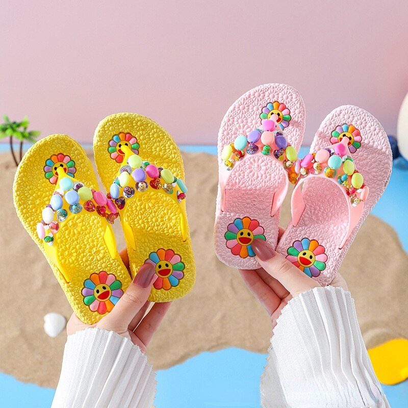 Girls Floral Flip Flops Summer Baby Cartoon Sandals Princess Flip-flops Children's Beach Shoes Colorful Beads Sandals