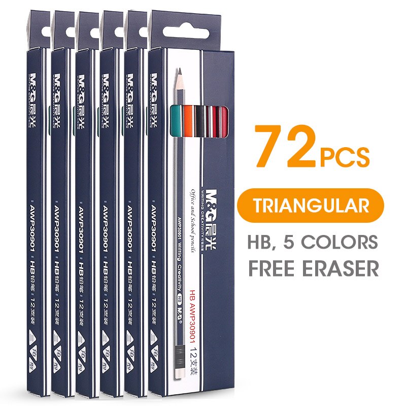 M & g förslipade triangulära hb skolpennor med suddgummi 24/48/120 st / parti grafit svart bly trä penna för skolmaterial: 72 st  (6 lådor)