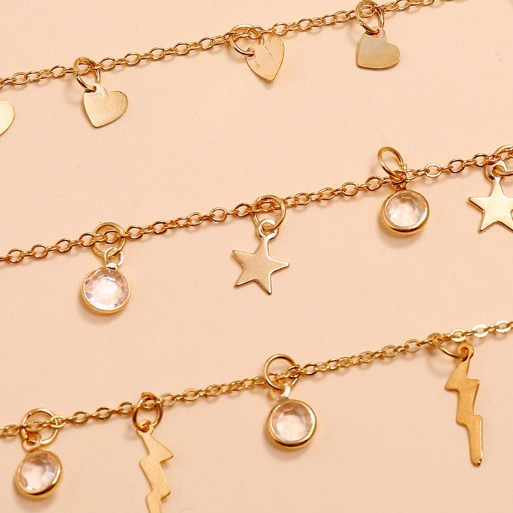 Modyle Bohemian Crystal Anklets for Women Boho Gold Heart Star Anklet Multilayer Foot Bracelet on Leg Beach Anklet Jewelry