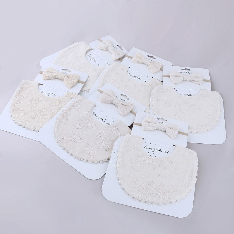 Baby Bib Sjaal Borduren Afdrukken Voeden Kiel Strik Haarband Set Speeksel Handdoek Bandana Elastische Bows Hoofdband