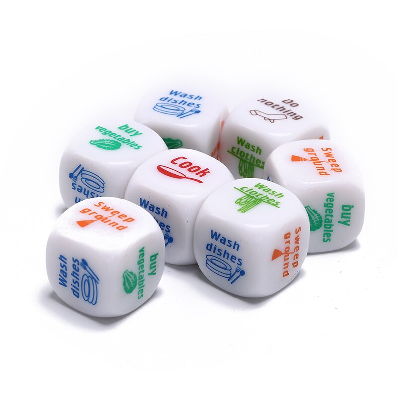 7 unids/set 20mm casa de misión dados lavar la ropa cocinar comprar verduras lavar los platos no hacer nada barrer suelo dados