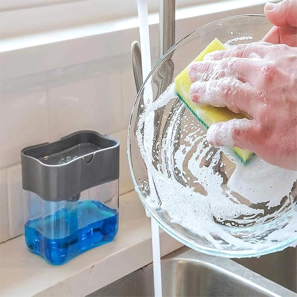 Sæbepumpedispenser med svampholder rengøringsvæske dispenser beholder manuel tryk sæbe arrangør køkkenrengøringsværktøj