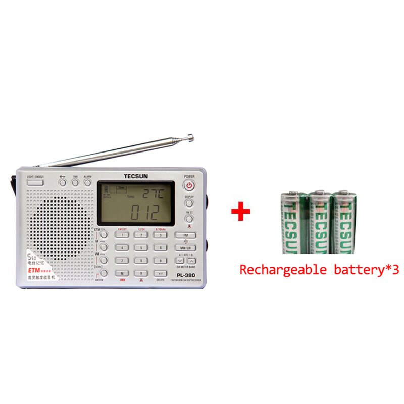 Tecsun pl -380 dsp pll fm mw sw lw digital stereo radio världsbandsmottagare radio bärbar fullband stereo liten radio: Silver och batteri