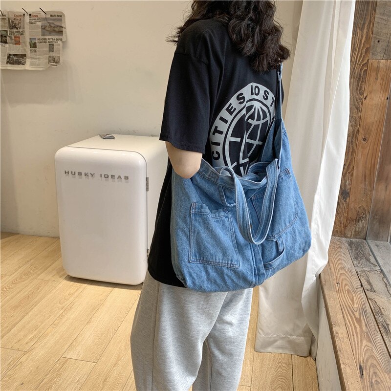 Denim casual slouch skulderveske for kvinner jean faric boho lady koreansk stil veske kvinnelig myk fritid topphåndtak poser