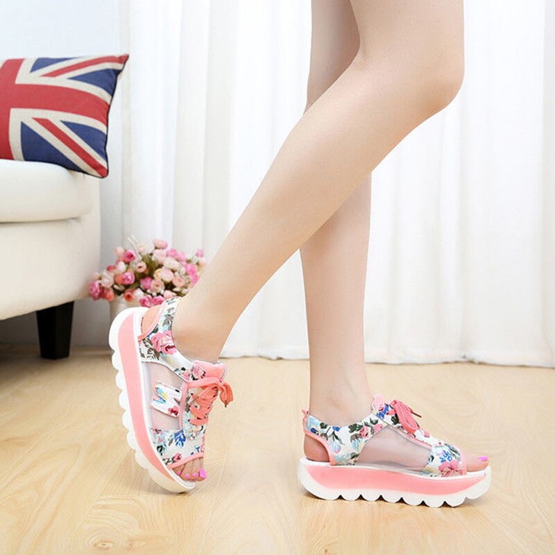 Zomer casual veter sport damesschoenen dames print sandalen visgraat mesh dikke bodem schommelschoenen