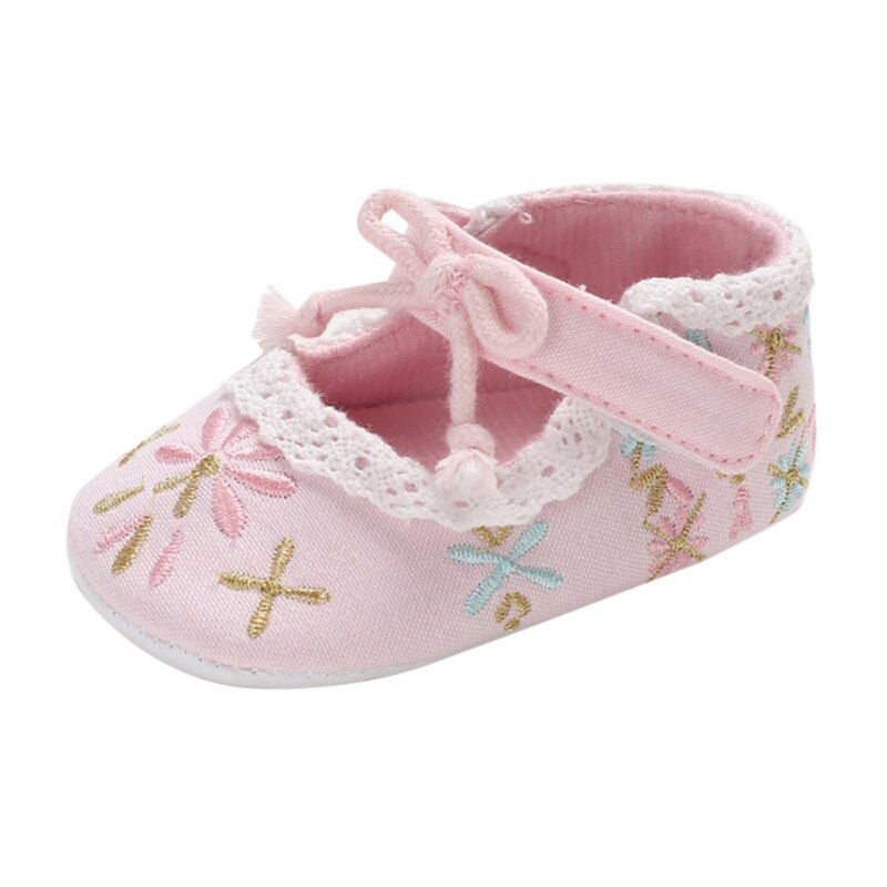 Baby Girl First Walkers Cartoon Floral Embroidery Soft Sole Baby Crib Shoes With Bowknot 0-18M: Pink / 0-6 Months