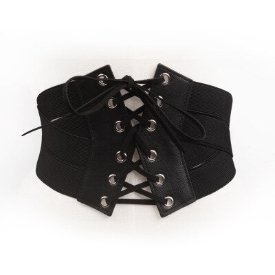 Elastische stretch brede band korset tailleband voor dames, zwart met vetersluiting: Zwart 1