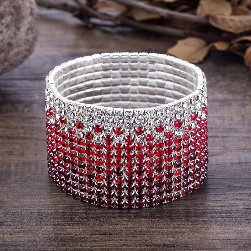 12 Rijen Bruiloft Armband Red En Clear Crystal Strass Combinatie Verzilverd Bridal Sieraden Stretch Bangle Armbanden