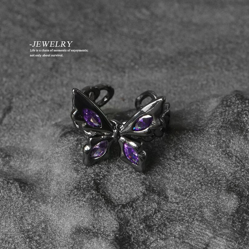 Trendy Gothic Butterfly Open Adjustable Ring Personality Purple Zircon Punk Rings for Women Wedding Party Jewelry Whole