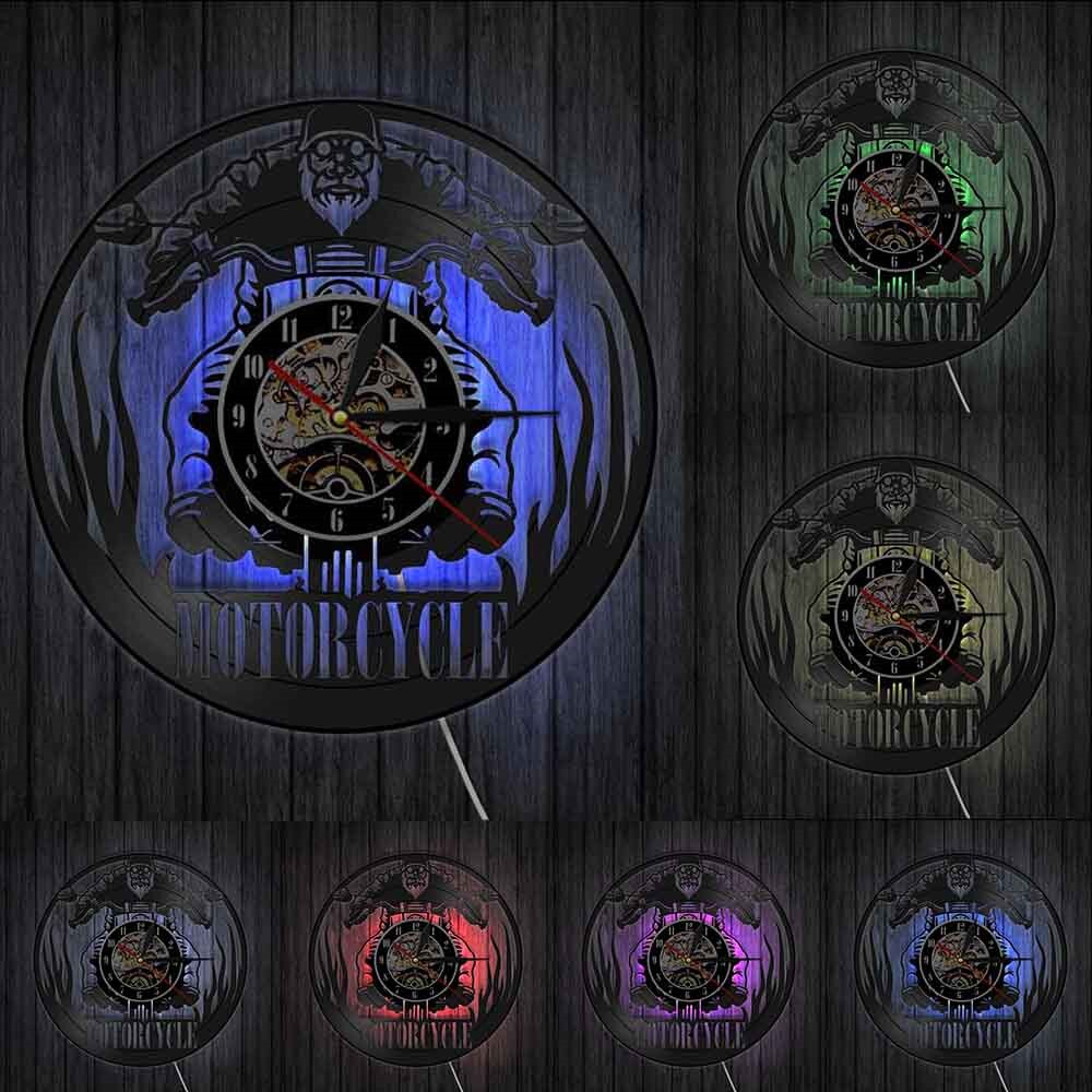 Motorcycle Riding Racing Wall Clock Time Touring Vinyl Record Modern Watch Skull Art Led LightTimepiece Rider