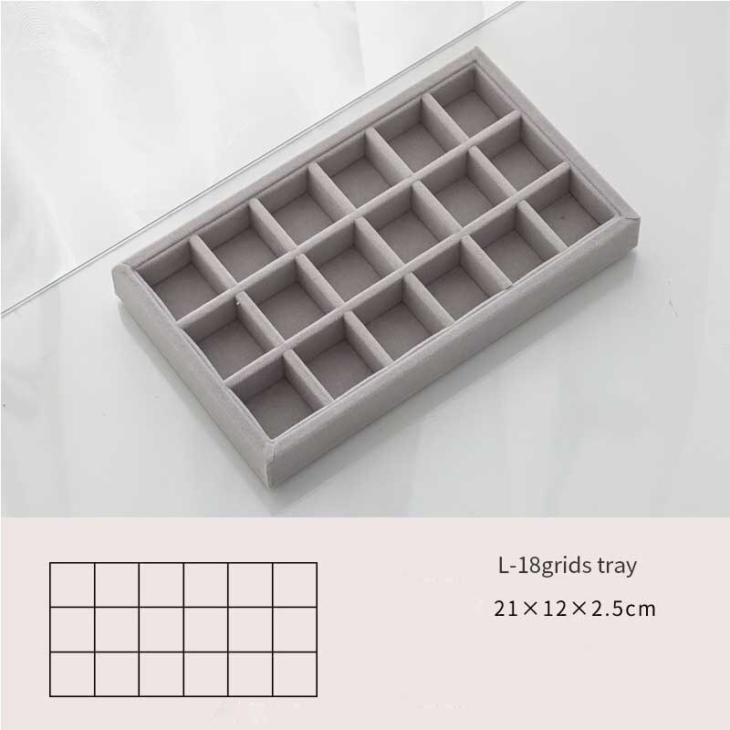 Caja de joyería artesanal hecha a mano, cajón organizador de almacenamiento de joyas de terciopelo suave gris, pendientes, collar, colgante, pulsera, bandeja, 9 opciones: L 18grids tray