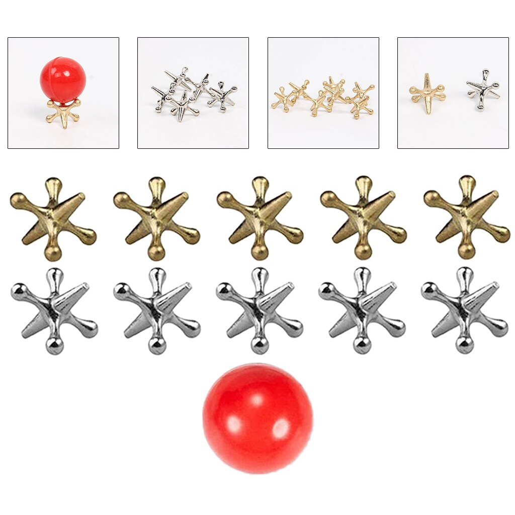 Jack Games- 10 Stuks Goud En Zilver Metalen Aansluitingen 1 Rode Rubber Bouncy Ballen Klassieke Spel Van Aansluitingen Voor party Favor Kinderen En Volwassen