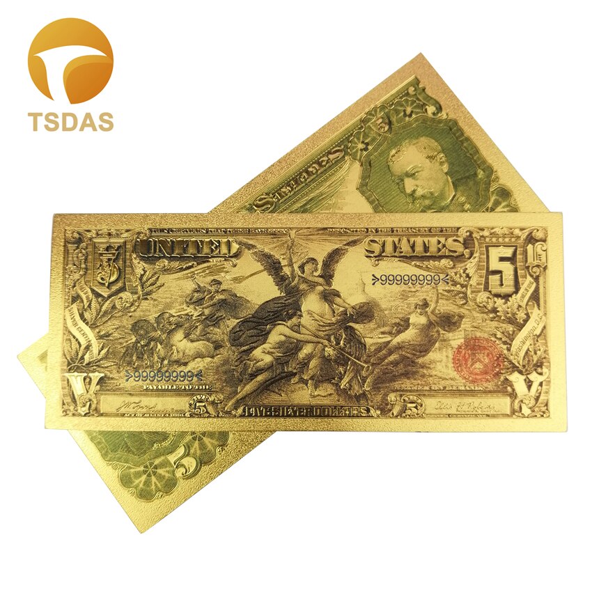Farverig amerika seddel 5 dollars seddel  in 24k guldfolie belagt til