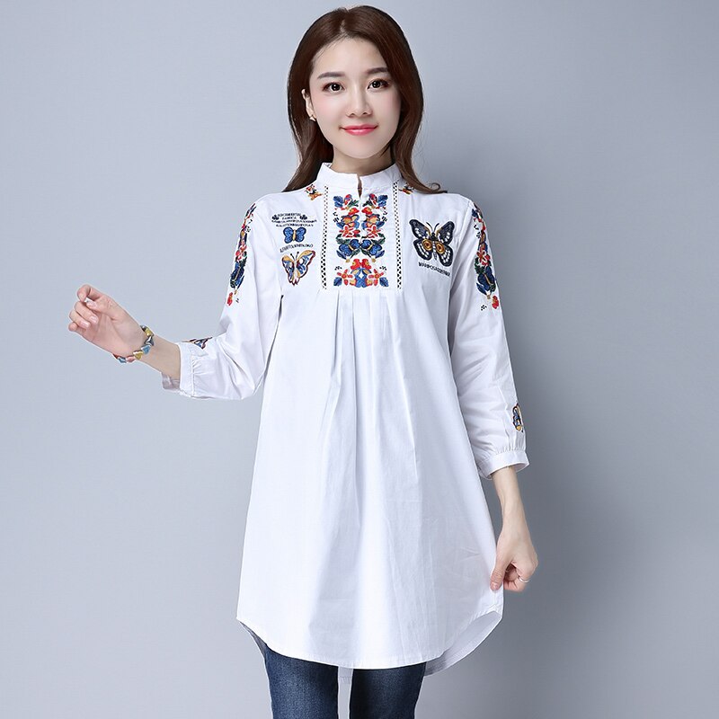 primavera mariposas Casual Camisa blanca suelta Vintage Ethnic camisas Tops blanco algodón bordado blusa Blusas Largas